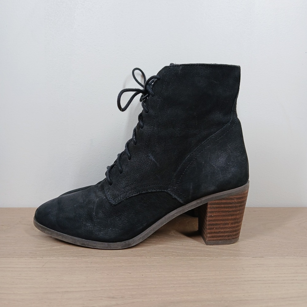 Lucky Brand LP Persee Boots Women 8 Black Leather Ankle Lace Up Block Heel Boho